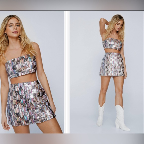 Silver Sequin Multi Checkerboard Mini Skirt Sz S New - Picture 10 of 13